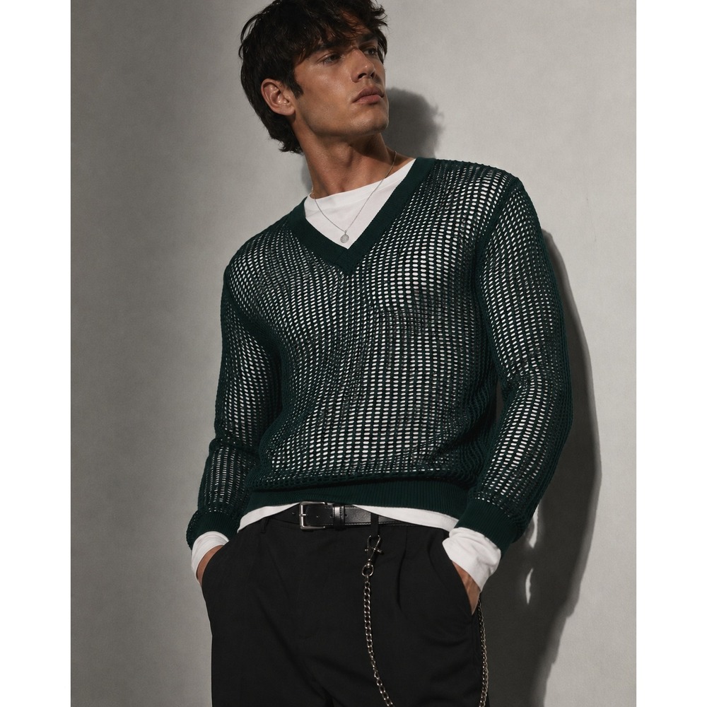 Dolce & Gabbana Mesh Sweater Men 48 Dark Green Open Knit V-Neck Goth Avant Garde